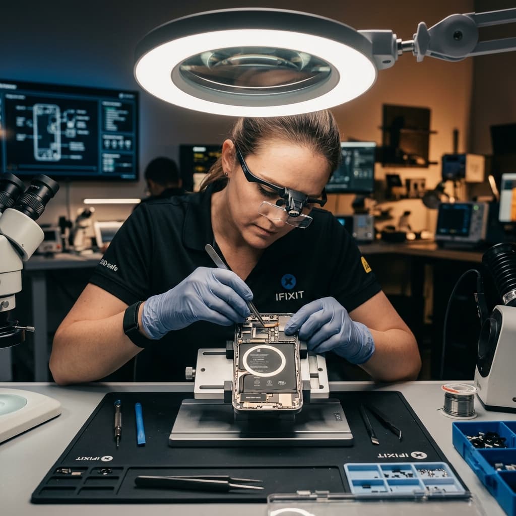 Technician repairing mobile motherboard